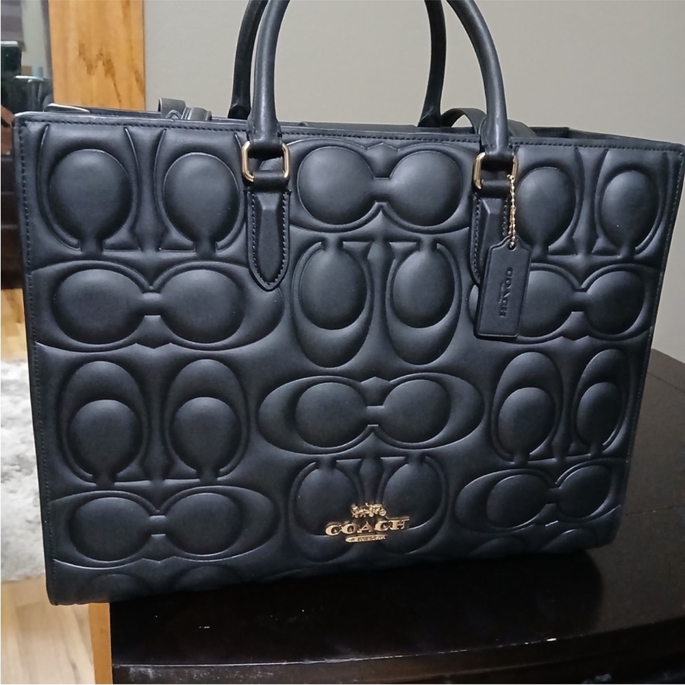 Maggie Coach Black Embossed Tote Bag Large